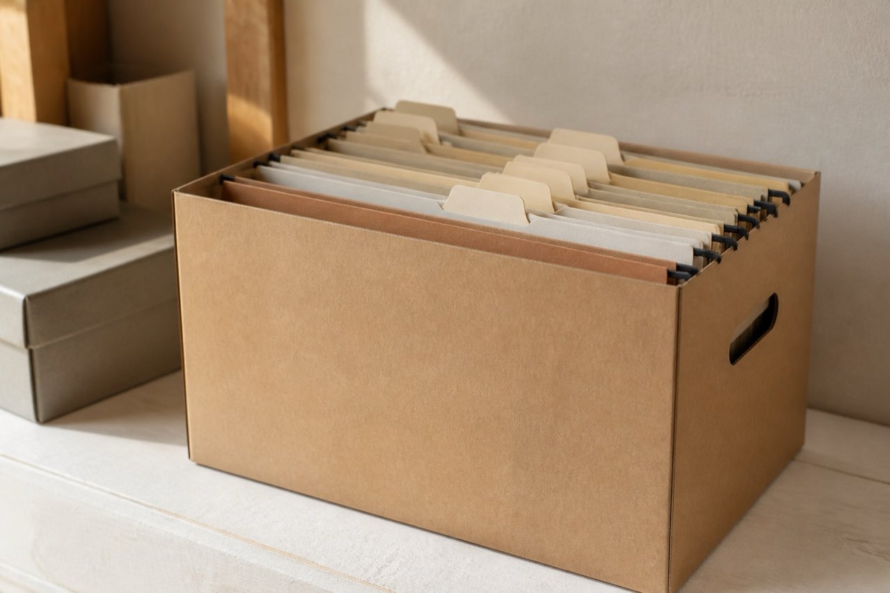 A neatly filed archive box with blank index tabs and a soft shadow across textured paper