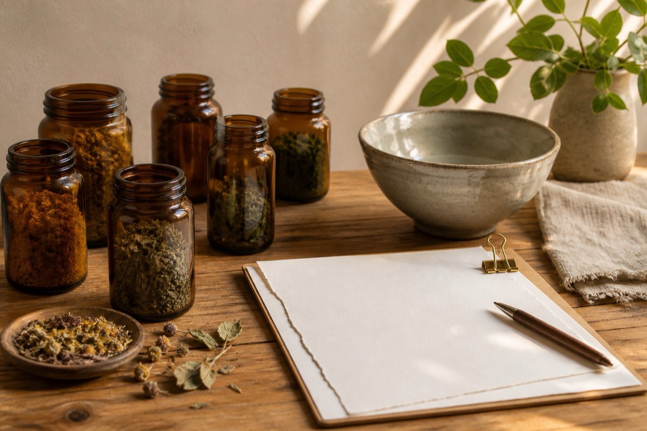 Small unlabelled herb jars and a handwritten medication list with every word out of focus