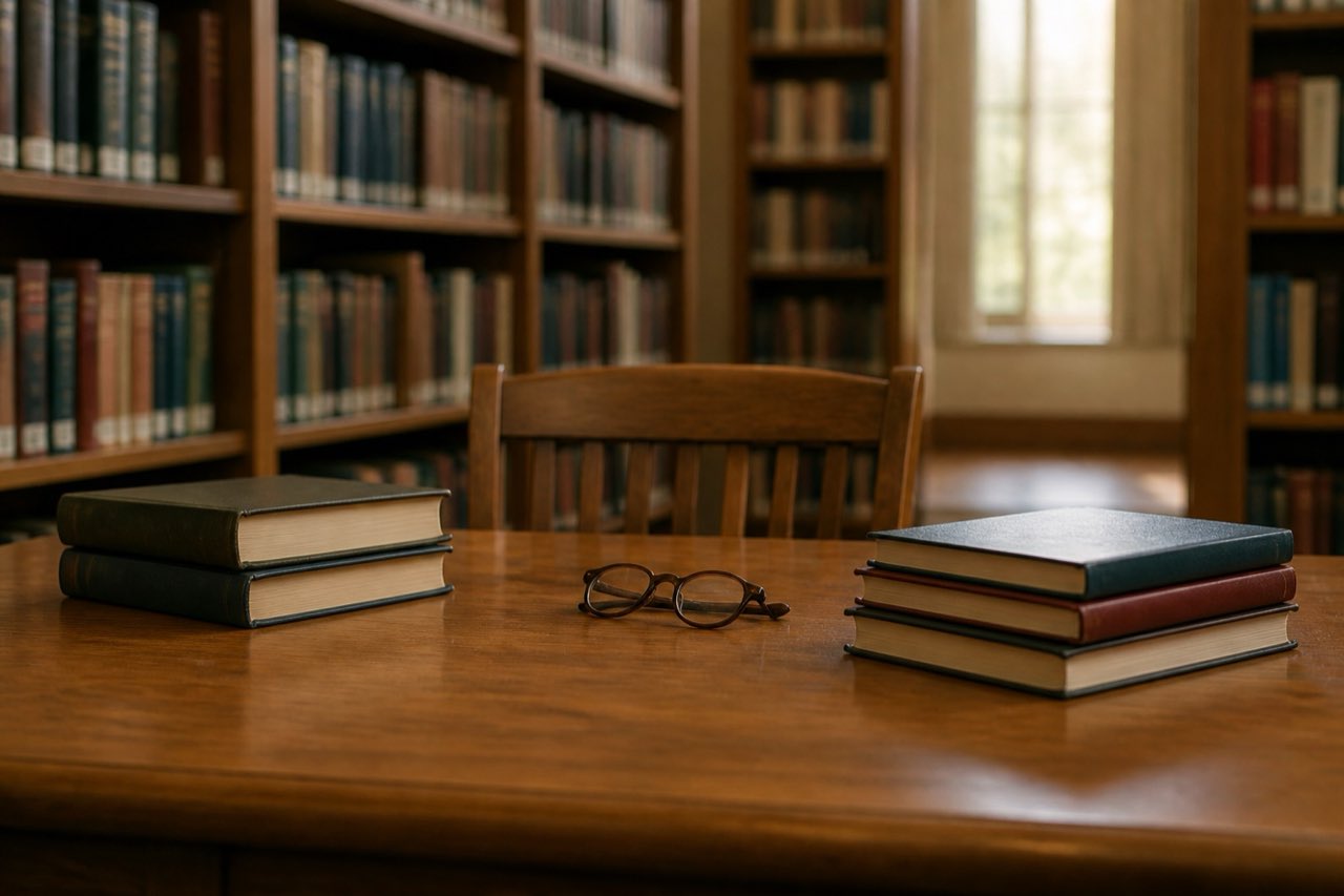 A public library reading table with reference books and a single pair of glasses, no readable titles
