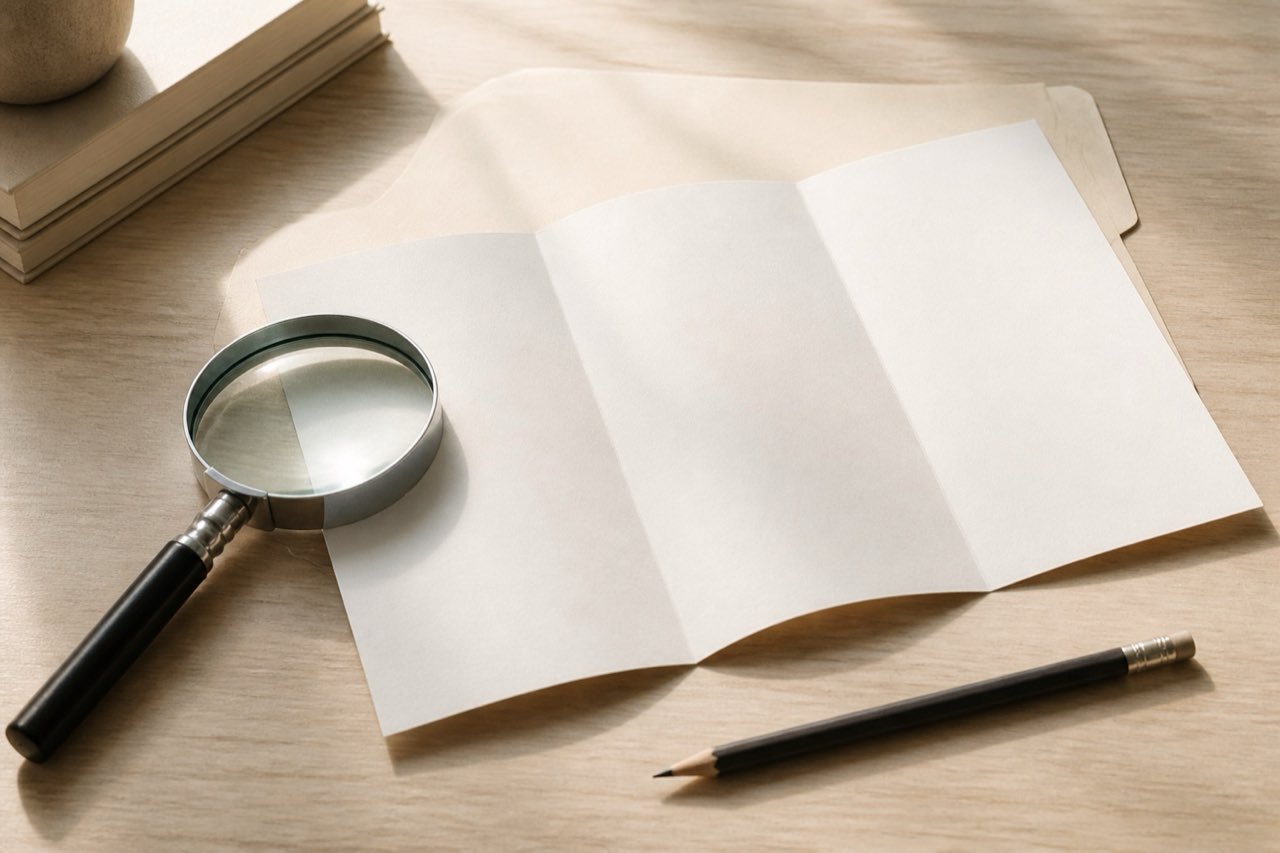 A kitchen table in daylight with a multi-page hospital statement spread flat, a highlighter resting on one line, a notebook of handwritten dates beside it, shot from slightly above at an angle that keeps the printed columns legible.