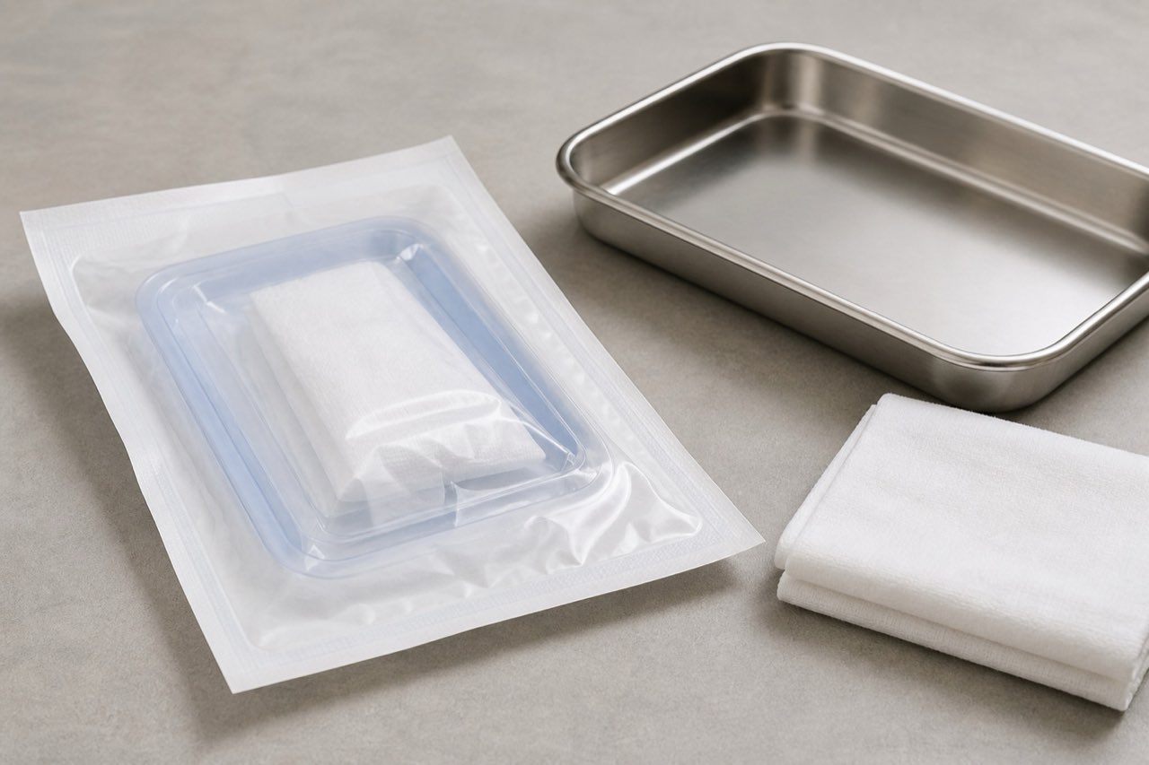 Sealed single-use packaging and a clean metal tray on a neutral paper surface, with no clinical branding
